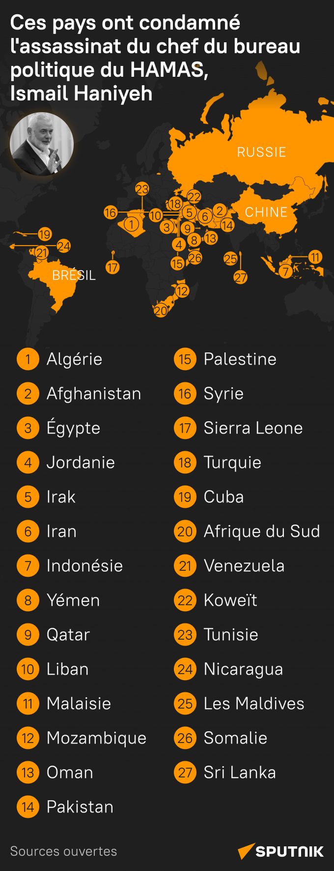 Ces pays ont condamné l'assassinat du chef du bureau politique du HAMAS, Ismail Haniyeh - Sputnik Afrique