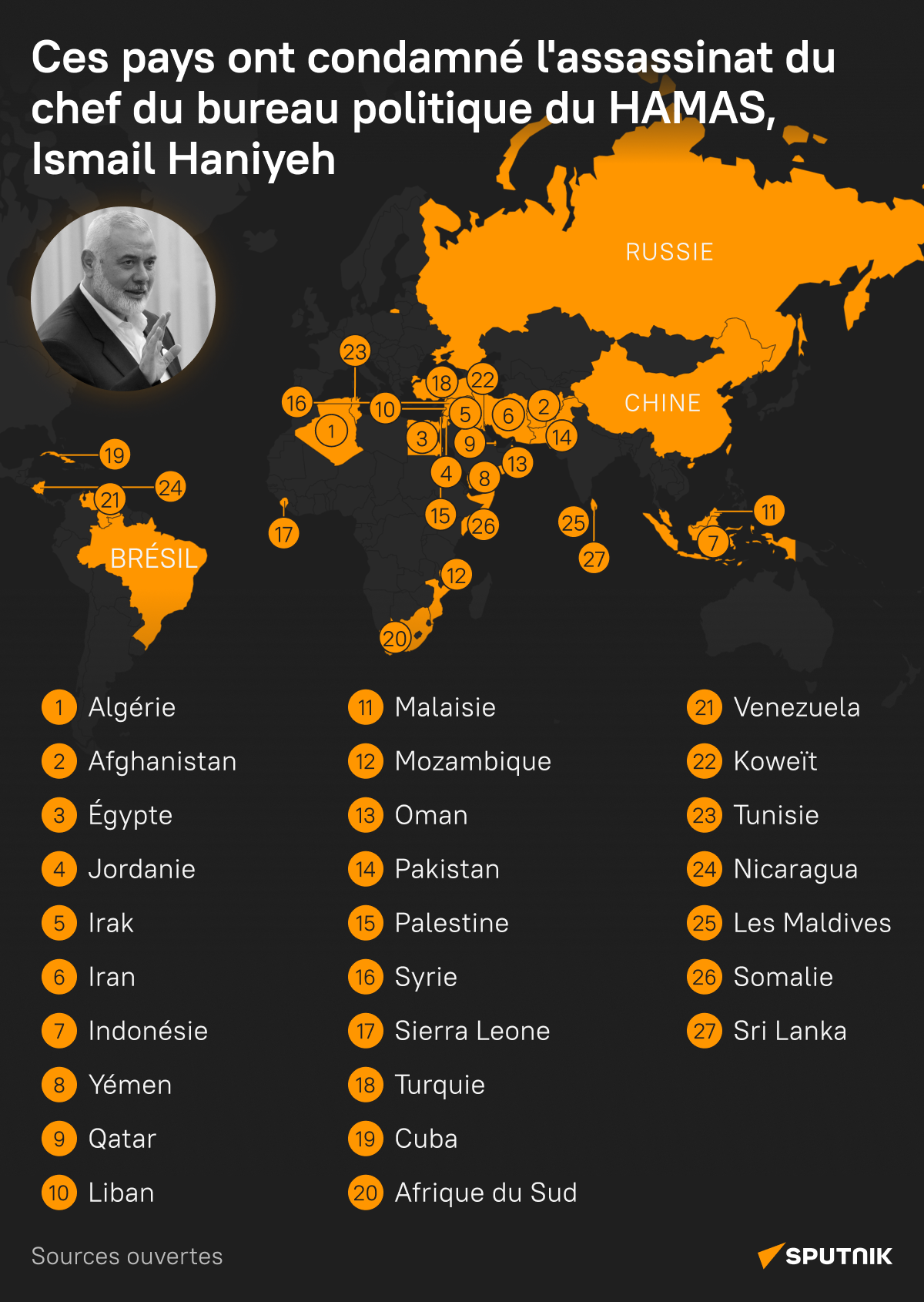 Ces pays ont condamné l'assassinat du chef du bureau politique du HAMAS, Ismail Haniyeh - Sputnik Afrique