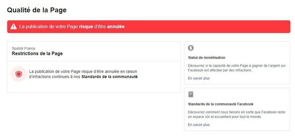 La page Facebook de Sputnik France menacée de désactivation sans aucune explication La page Facebook de Sputnik France menacée de désactivation sans aucune explication - Sputnik Afrique