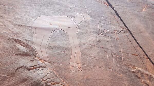 Gravure rupestre de la falaise de Fedjet el Kheil, période du Bubale (8.000-6.000 ans avant l'ère chrétienne), représentant un homme et un bélier à tête sphéroïde - Sputnik Afrique