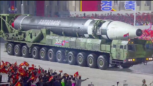 Screengrab of North Korean television showing massive new, never-before-seen ICBM in Pyongyang at celebrations marking the 75th anniversary of the founding of the Democratic People's Republic of Korea, Saturday, October 10, 2020. - Sputnik Afrique