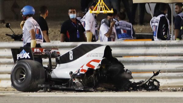 La monoplace de Romain Grosjean après l'accident lors du Grand Prix de Bahreïn - Sputnik Afrique