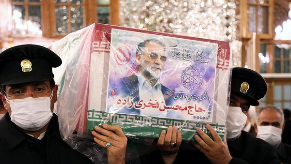 Le cercueil du scientifique nucléaire iranien Mohsen Fakhrizadeh, porté à Mashhad, en Iran, le 29 novembre 2020 - Sputnik Afrique