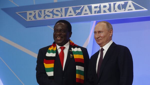  Le président russe Vladimir Poutine salue le président zimbabwéen Emmerson Mnangagwa lors de la cérémonie d'accueil officielle - Sputnik Afrique