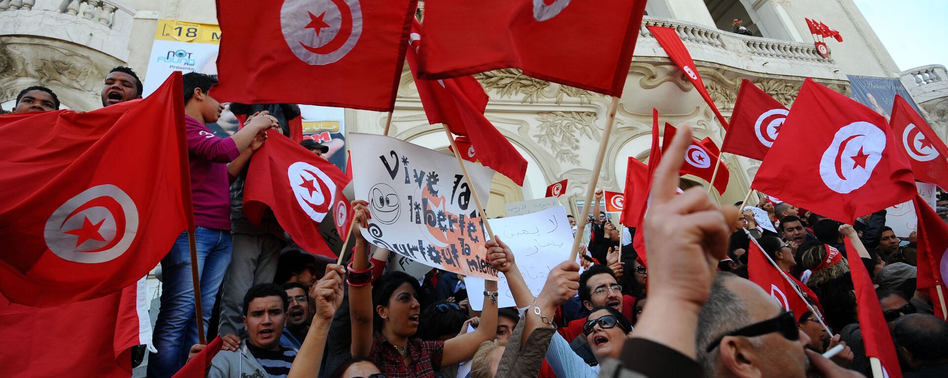 Des Tunisiens brandissent des drapeaux du pays lors d'une manifestation à Tunis (archives) (Photo by FETHI BELAID / AFP) - Sputnik Afrique, 1920, 12.10.2023
