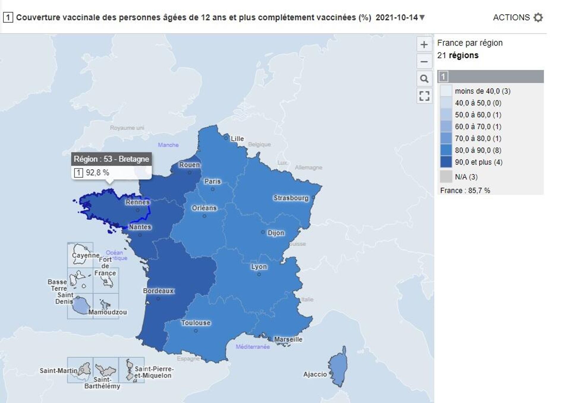 Couverture vaccinale des personnes âgées de 12 ans et plus complétement vaccinées en France. Capture d'écran
 - Sputnik Afrique, 1920, 18.10.2021