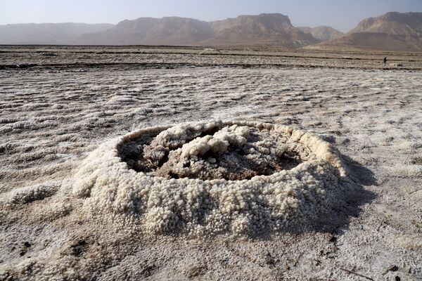La mer Morte était autrefois alimentée par l&#x27;eau du Jourdain, le grand cours d&#x27;eau du monde antique. Aujourd&#x27;hui, cependant, cette rivière se transforme en un ruisseau boueux.Sur la photo: un cratère de minéraux cristallisés dans la partie desséchée de la mer Morte. - Sputnik Afrique
