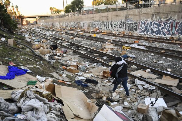 Après le méfait, les voies ferrées près du centre-ville de Los Angeles étaient littéralement jonchées de boîtes en carton vides, de paquets et de restes d&#x27;emballages jetés par les voleurs. - Sputnik Afrique