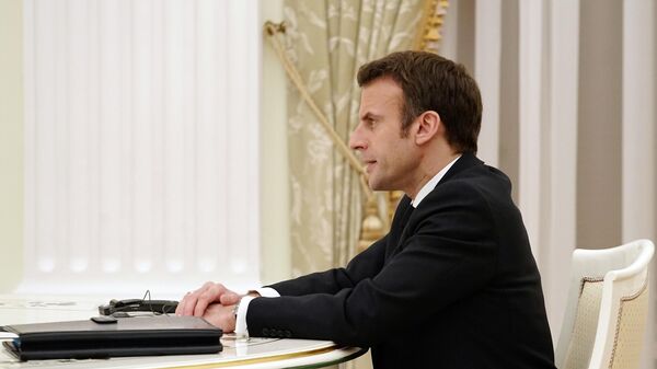 Emmanuel Macron lors de son entretien avec Vladimir Poutine à Moscou, le 7 février 2022 - Sputnik Afrique