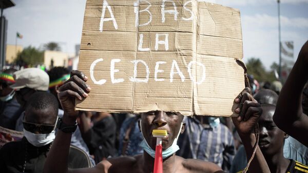 Un manifestant à Bamako tient une pancarte à bas la CEDEAO - Sputnik Afrique