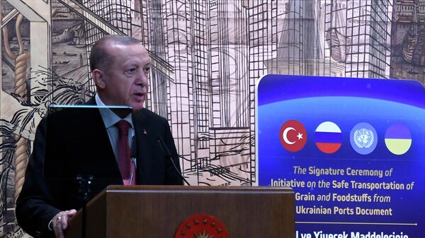 Recep Tayyip Erdogan lors de la cérémonie de signature d'accords sur les exportations de blé ukrainien à Istanbul - Sputnik Afrique