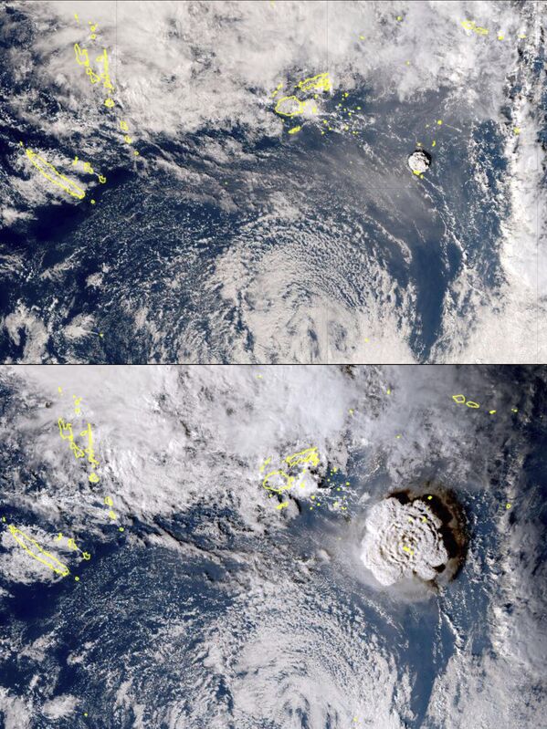 La photo d’un volcan sous-marin en éruption près du Royaume de Tonga, dans l’océan Pacifique, prise par le satellite météorologique japonais Himawari-8 le 15 janvier. Le tsunami provoqué par l’éruption a atteint les côtes de nombreux pays, de la Nouvelle-Zélande et l’Australie à la Californie, aux États-Unis. - Sputnik Afrique