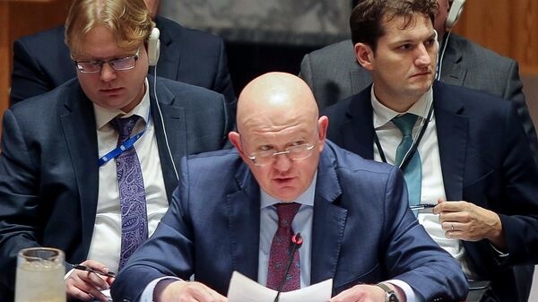 Russia's Permanent Representative to the UN Vasily Nebenzya (center) at a meeting of the UN Security Council - Sputnik Africa