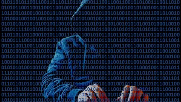  Hooded hacker at keyboard with binary code in front - Sputnik Africa