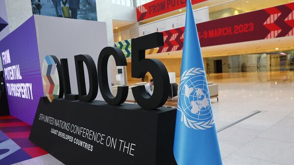The LDC5 logo is set up during preparations for the 5th United Nations Conference on the Least Developed Countries (LDC5) at Qatar National Convention Center (QNCC) in Doha on March 3, 2023.  - Sputnik Africa