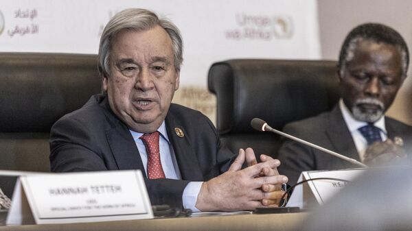 United Nation's Secretary-General Antonio Guterres (L) speaks during a press conference after the end of the 36th Ordinary Session of the Assembly of the African Union (AU) at the Africa Union headquarters in Addis Ababa on February 18, 2023.  - Sputnik Africa