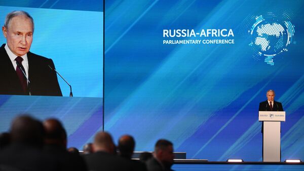 March 20, 2023. Russian President Vladimir Putin speaks at the international parliamentary conference Russia - Africa in a multipolar world. - Sputnik Africa