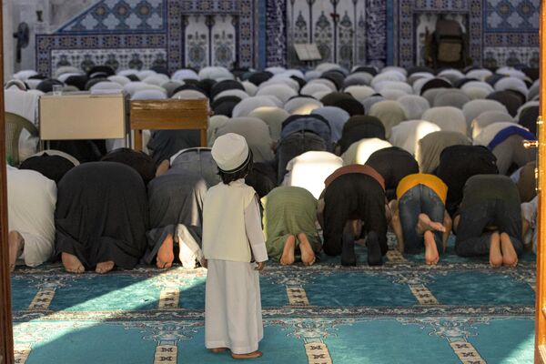 A boy looks on as Sunni Muslim worshippers pray on the first day of Eid al-Fitr at the Basra Grand Mosque in Basra. - Sputnik Africa