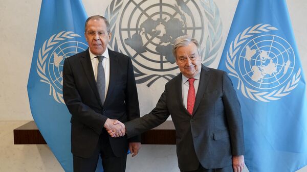 Antonio Guterres, United Nations Secretary General, right, and Sergey Lavrov, Russia's Minister for Foreign Affairs, current president of the Security Council, shake hands at the top of a meeting at the secretariat offices, Monday, April 24, 2023, at United Nations headquarters. - Sputnik Africa