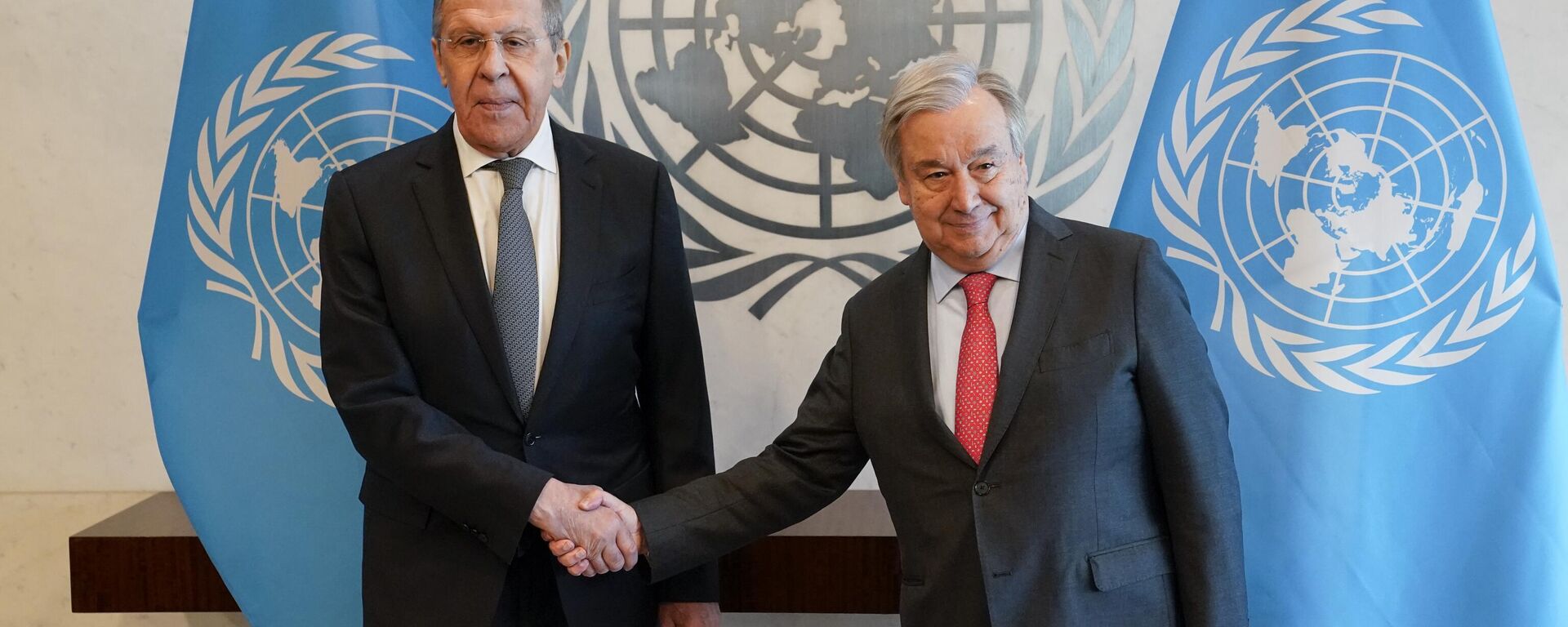 Antonio Guterres, United Nations Secretary General, right, and Sergey Lavrov, Russia's Minister for Foreign Affairs, current president of the Security Council, shake hands at the top of a meeting at the secretariat offices, Monday, April 24, 2023, at United Nations headquarters. - Sputnik Africa, 1920, 25.04.2023
