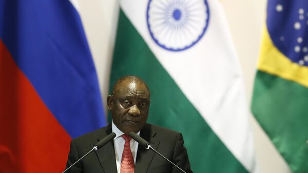 South Africa's President Cyril Ramaphosa speaks during the Leaders Dialogue with the BRICS Business Council and the New Development Bank at the Itamaraty Palace in Brasilia, Brazil, Thursday, Nov. 14, 2019.  - Sputnik Africa