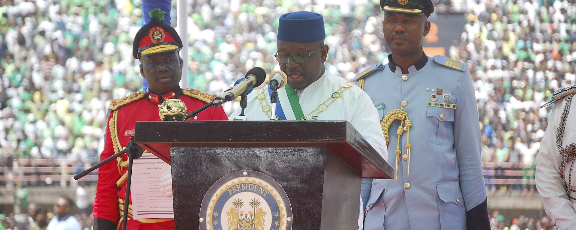 Sierra Leone's President Maada Bio delivers a speech during the inauguration ceremony in Freetown on May 12, 2018.  - Sputnik Africa, 1920, 28.04.2023