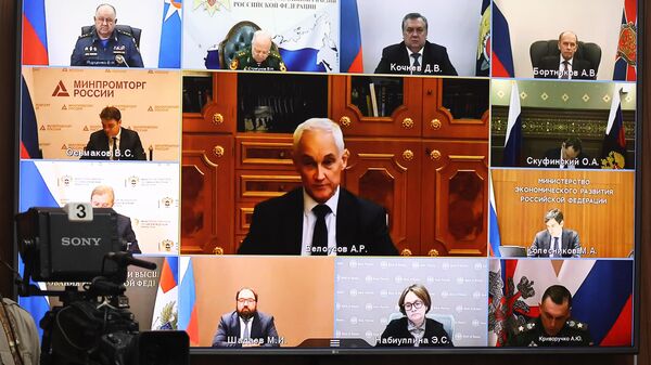 Russian First Deputy Prime Minister Andrey Belousov during a videoconference meeting of Russian President Vladimir Putin on the development of unmanned aircraft in the Rudnevo Industrial Park in Moscow - Sputnik Africa
