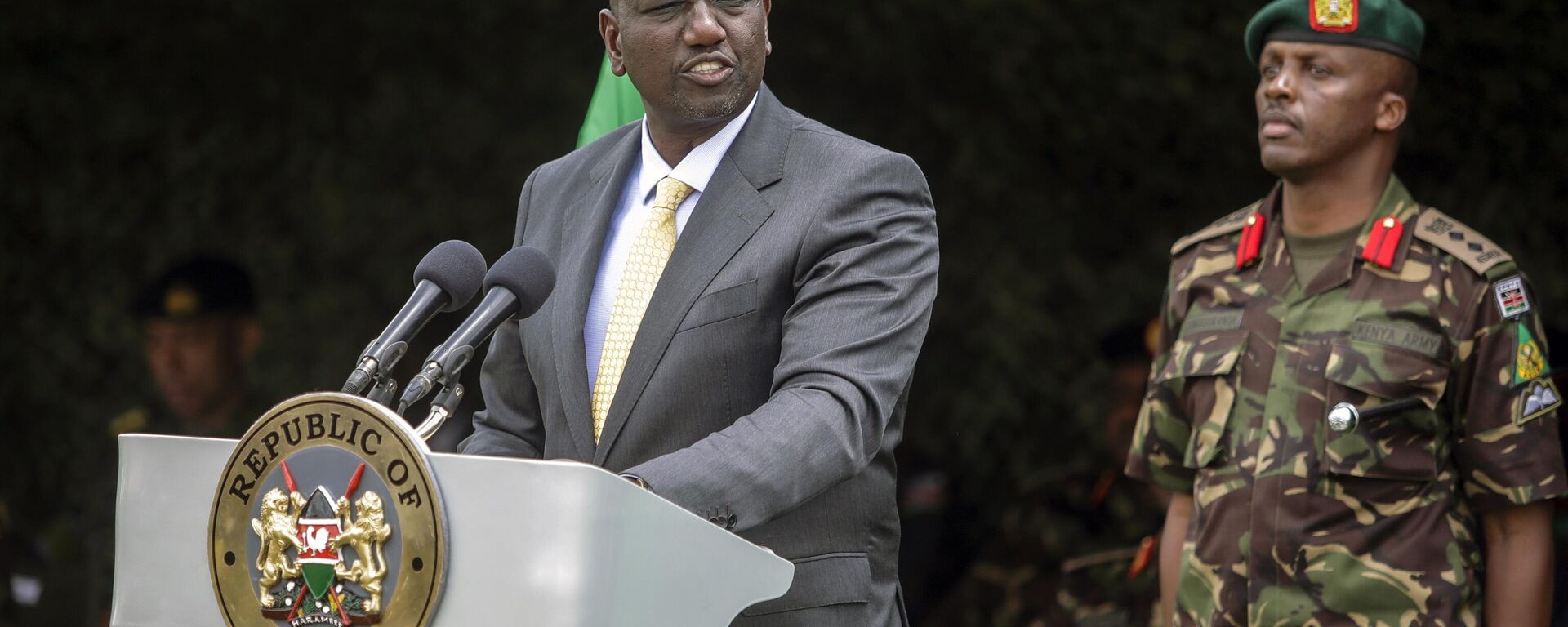 Kenya's President William Ruto speaks at a flag-handover ceremony for members from the Kenya Defence Forces (KDF), ahead of their future deployment to eastern Congo as part of the newly-created East African Community Regional Force (EACRF), at the Embakasi garrison in Nairobi, Kenya Wednesday, Nov. 2, 2022. - Sputnik Africa, 1920, 29.04.2023