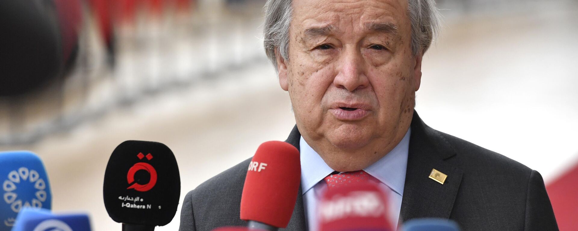 United Nations Secretary General Antonio Guterres speaks with the media as he arrives for an EU summit at the European Council building in Brussels, Thursday, March 23, 2023. - Sputnik Africa, 1920, 01.05.2023