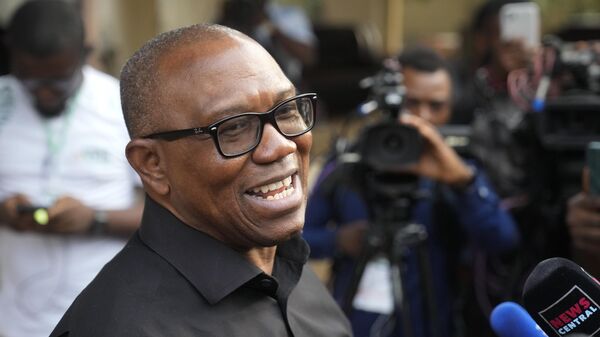 Nigeria's Labour Party's Peter Obi speaks to journalists before casting his vote during the presidential elections in Agulu, Nigeria, Saturday, Feb. 25, 2023 - Sputnik Africa