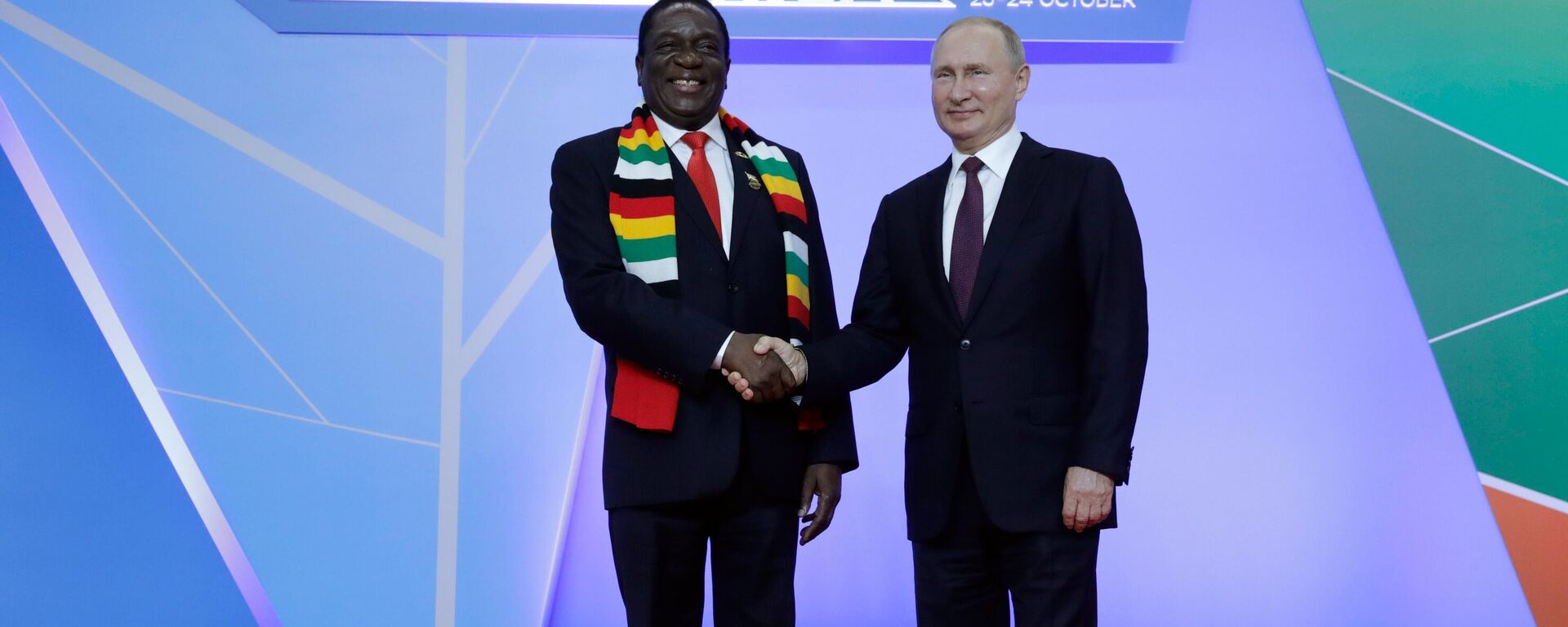Russian President Vladimir Putin and Zimbabwe's President Emerson Dambudzo Mnangagwa at the ceremony of the official meeting of heads of state and government of the participating states of the Russia-Africa summit.  - Sputnik Africa, 1920, 04.05.2023