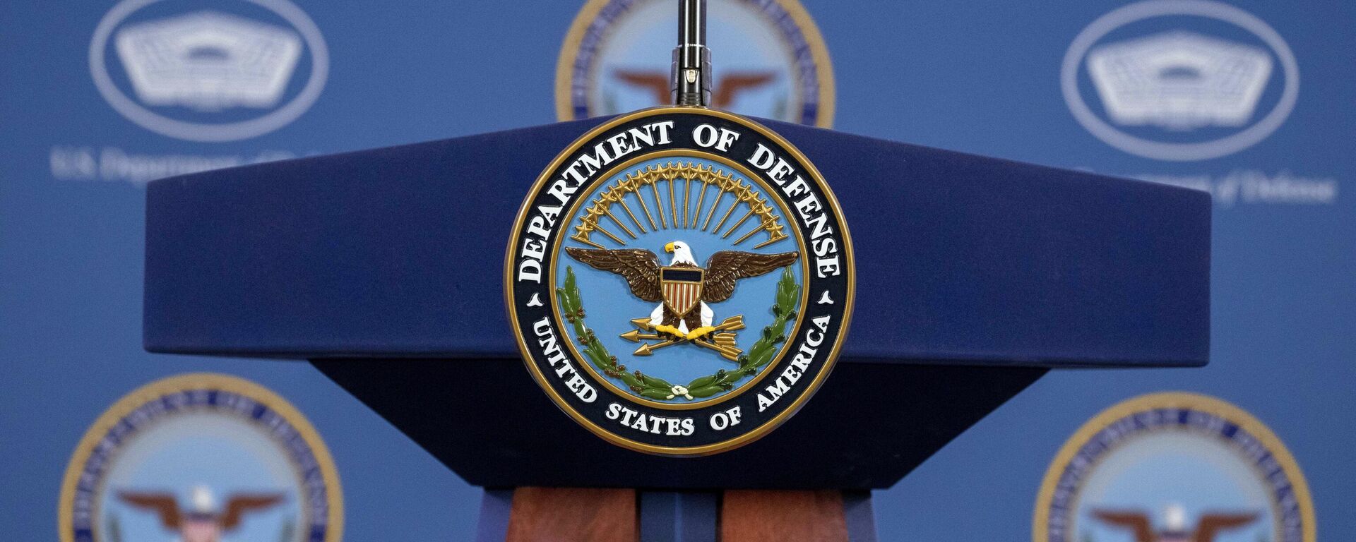 The Department of Defense Seal is seen on the podium before Pentagon spokesman U.S. Air Force Brig. Gen. Patrick Ryder speaks during a media briefing at the Pentagon, Friday, Feb. 24, 2023, in Washington. - Sputnik Africa, 1920, 22.10.2023