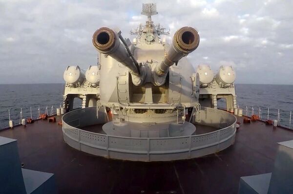 In this handout video grab released by the Russian Federal Security Service (FSB), artillery pieces are seen on a ship during naval drills in the waters of the Black Sea coast of Crimea, Russia, on 12 February 2022. - Sputnik Africa