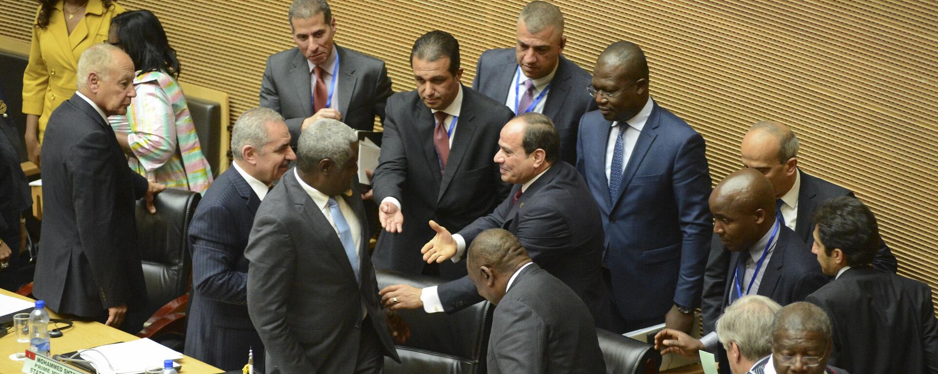 Egypt's President Abdel-Fattah el-Sissi, center, the outgoing Chairman of the African Union (AU), is greeted at opening session of the 33rd AU Summit where he was to hand over the chairmanship to South Africa's President Cyril Ramaphosa, at the AU headquarters in Addis Ababa, Ethiopia Sunday, Feb. 9, 2020.  - Sputnik Africa, 1920, 19.05.2023