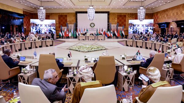 Delegates attend the Arab Foreign Ministers Preparatory Meeting ahead of the 32nd Arab League Summit in Jeddah on May 17, 2023 - Sputnik Africa