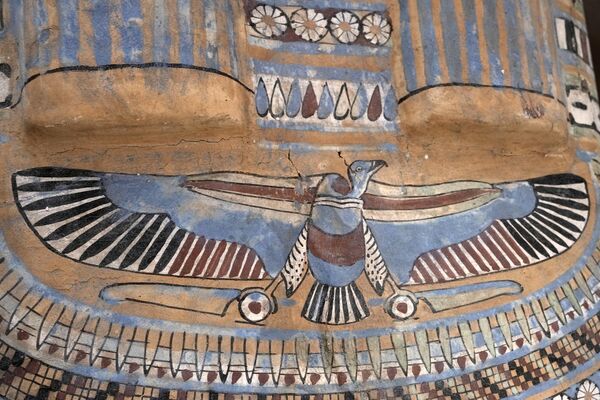 A colored painting is seen on a recently unearthed ancient wooden sarcophagus at the site of the Step Pyramid of Djoser in Saqqara, 24 kilometers (15 miles) southwest of Cairo, Egypt, Saturday, May 27, 2023. Saqqara is a part of Egypt&#x27;s ancient capital of Memphis, a UNESCO World Heritage site.  - Sputnik Africa