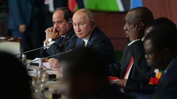 Russian President Vladimir Putin, South Africa's Cyril Ramaphosa and Egypt's Abdel Fattah El-Sisi attend the 2019 Russia-Africa Summit and Economic Forum in Sochi, Russia, on October 24, 2019 - Sputnik Africa