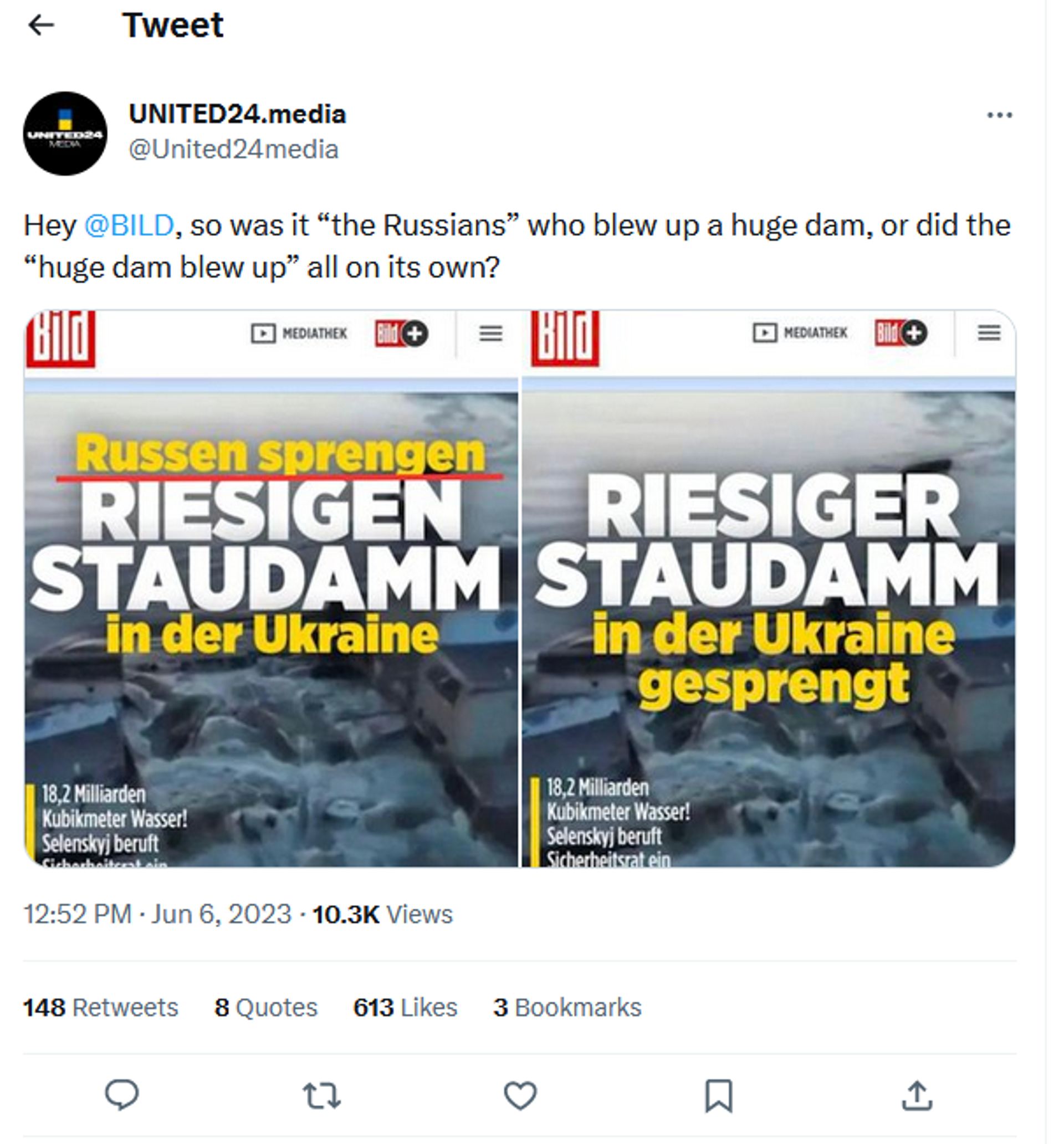 Anger-fueled tweet about Bild's edit of their headline on the Kakkovka hydroplant attack to remove the words Russians Blow Up. - Sputnik Africa, 1920, 06.06.2023