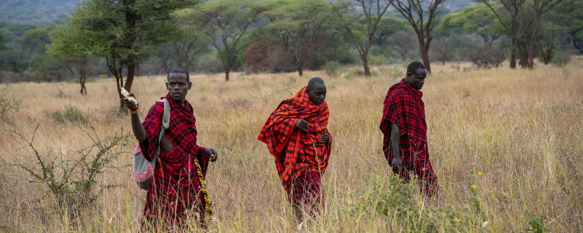 In this photograph taken Saturday July 6, 2019, Maasai warriors track the movements of a lion near the village of Loibor Siret, Tanzania.  - Sputnik Africa, 1920, 07.06.2023