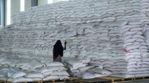 A worker walks next to a pile of sacks of food earmarked for the Tigray and Afar regions in a warehouse of the World Food Programme (WFP) in Semera, the regional capital for the Afar region, in Semera, Ethiopia, Feb. 21, 2022. - Sputnik Africa