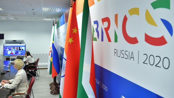 Stand with the BRICS logo. - Sputnik Africa