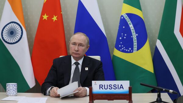 Russian President Vladimir Putin takes part in the XIV BRICS summit in virtual format via a video call, in Moscow region, Russia, on June 23, 2022. - Sputnik Africa