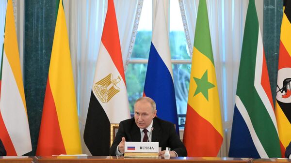 Russian President Vladimir Putin at the meeting with the leaders of a number of African states who arrived in St. Petersburg to negotiate possible ways to resolve the conflict in Ukraine, on June 17, 2023.  - Sputnik Africa