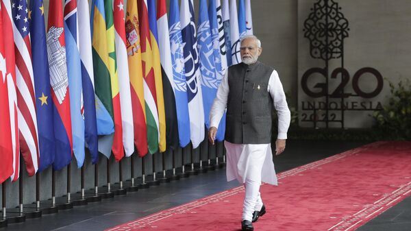 Indian Prime Minister Narendra Modi arrives during the G20 Summit in Nusa Dua, Bali, Indonesia, Tuesday Nov. 15, 2022. - Sputnik Africa