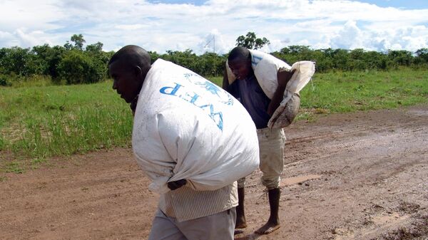 Villagers in Sampwe, Katanga, carry bags full of WFP food aid airdropped in the morning, 15 April 2006. - Sputnik Africa