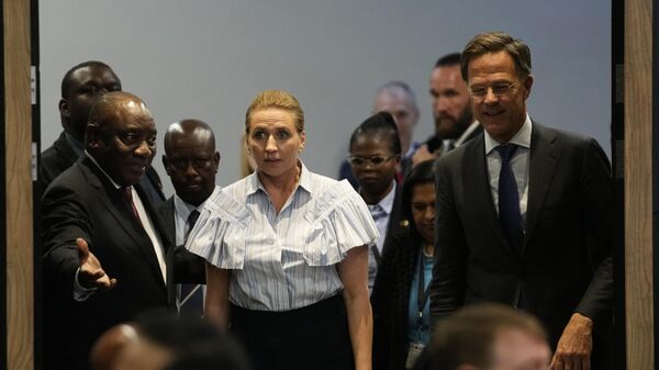 South Africa's President Cyril Ramaphosa, left, gestures to Prime Minister of Denmark, Mette Frederiksen, centre, and Prime Minister of the Netherlands, Mark Rutte as they attend the Denmark-Netherlands-South Africa Business Forum in Pretoria, South Africa, Tuesday, June 20, 2023. - Sputnik Africa