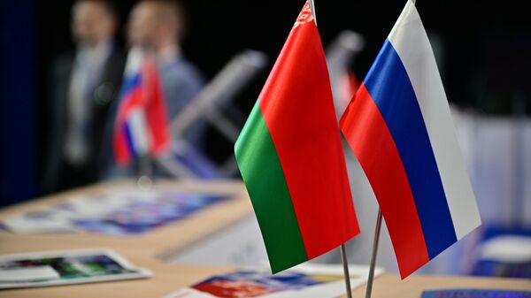 Flags of Russia and Belarus on one of the stands of the exhibition of the Eurasian Economic Forum in the Park of Science and Art Sirius. - Sputnik Africa