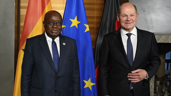 Ghana's President Nana Addo Dankwa Akufo-Addo, left, and German Chancellor Olaf Scholz, right, pose for a photo prior to a bilateral meeting at the Munich Security Conference in Munich, Germany, Friday, Feb. 17, 2023.  - Sputnik Africa