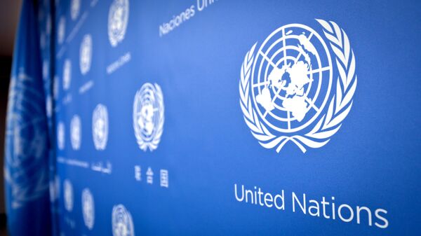 UN logo pattern a press conference background at the United Nations headquarters - Sputnik Africa