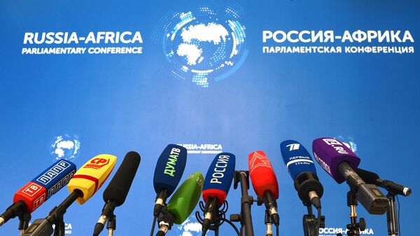 Microphones for press approaches of the participants of the Second International Parliamentary Conference Russia-Africa in Moscow. - Sputnik Africa